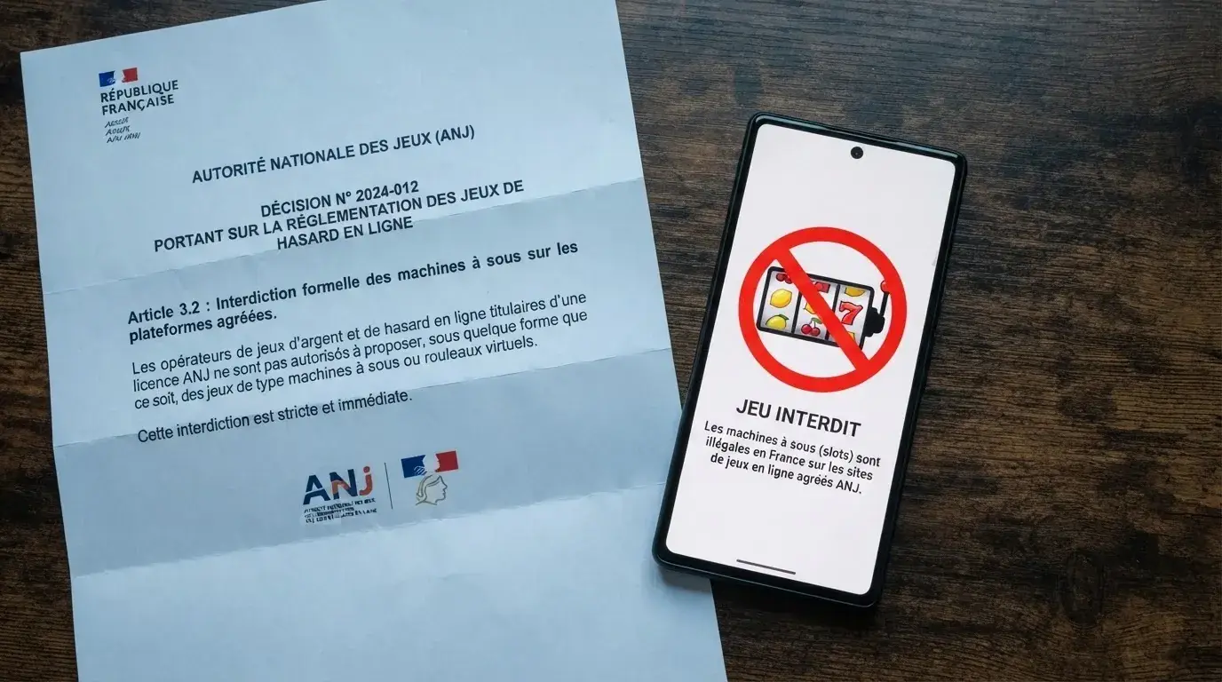 Le logo de l'ANJ sur un document officiel partiellement déplié, posé sur un bureau à côté d'un smartphone affichant une machine à sous barrée d'un symbole d'interdiction