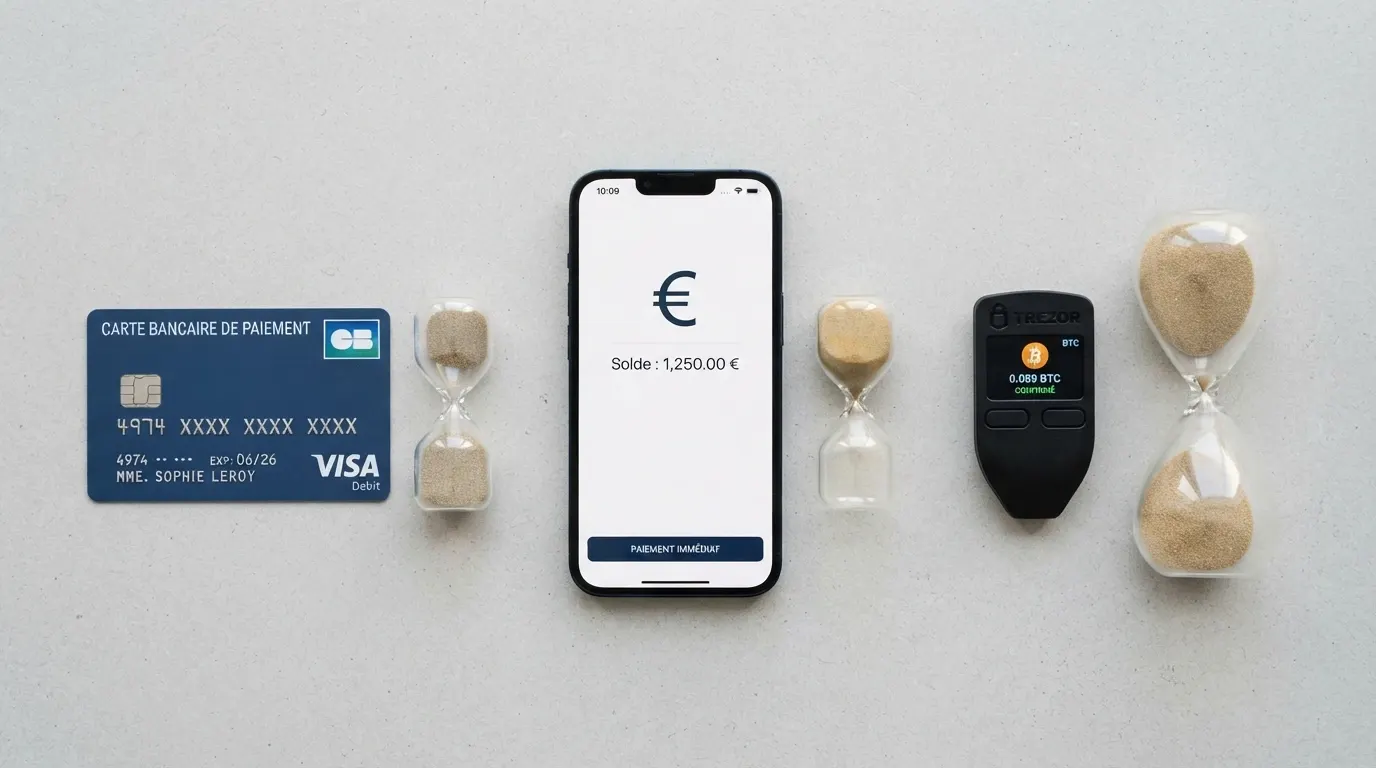 Plusieurs moyens de paiement (carte bancaire, portefeuille électronique, smartphone affichant une crypto) alignés côte à côte, chacun avec une icône de sablier indiquant un délai différent